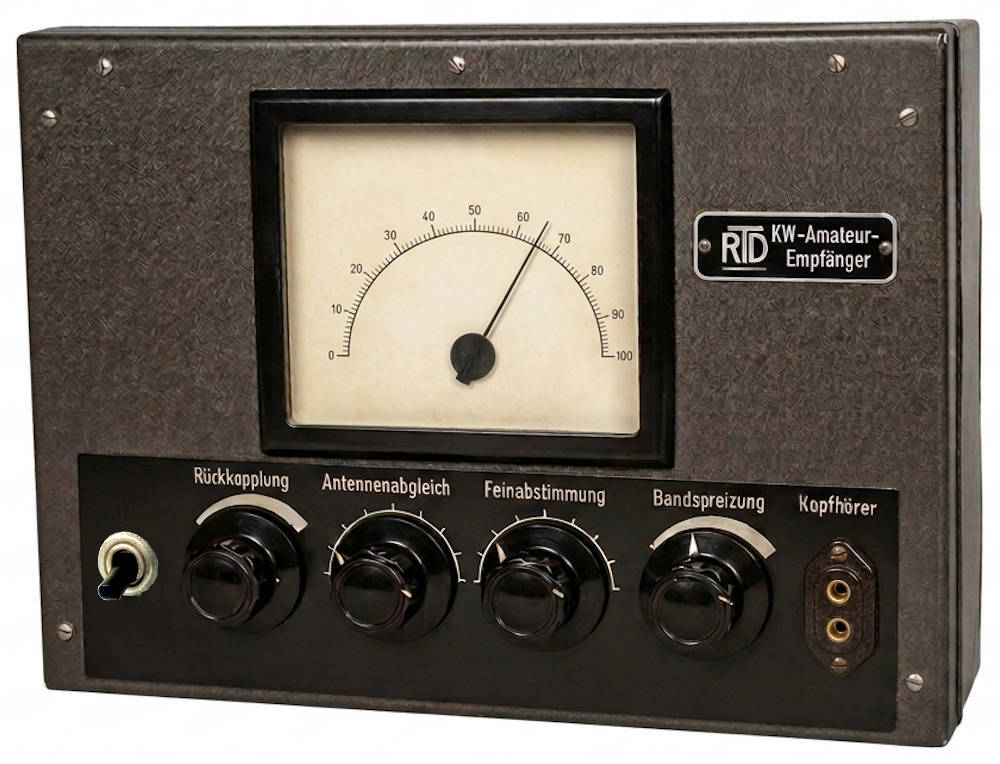 Front view of the 'Contest' self-built amateur radio receiver from 1950, presented in the radio magazine 'Funkschau'.