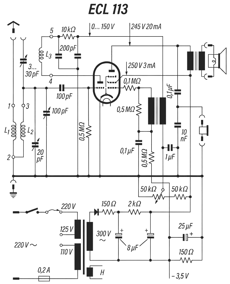 Circuit diagram of the self-built amateur radio receiver 'Contest' presented in the radio magazine Funkschau from 1950.