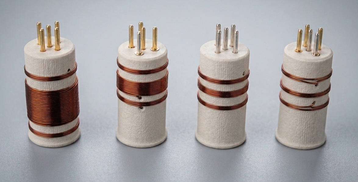 Illustration of the four plug-in coils, wound on ceramic coil formers from Hirschmann.