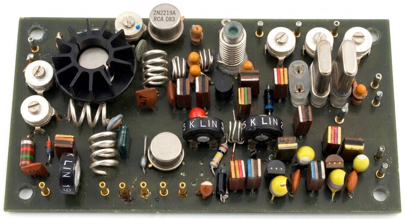 Abbildung des 2m-Transistorsender-Bausteins von HAEL für AM und FM, zwei der der Steckplätze sind mit 48-MHz-Obertonquarzen bestückt.