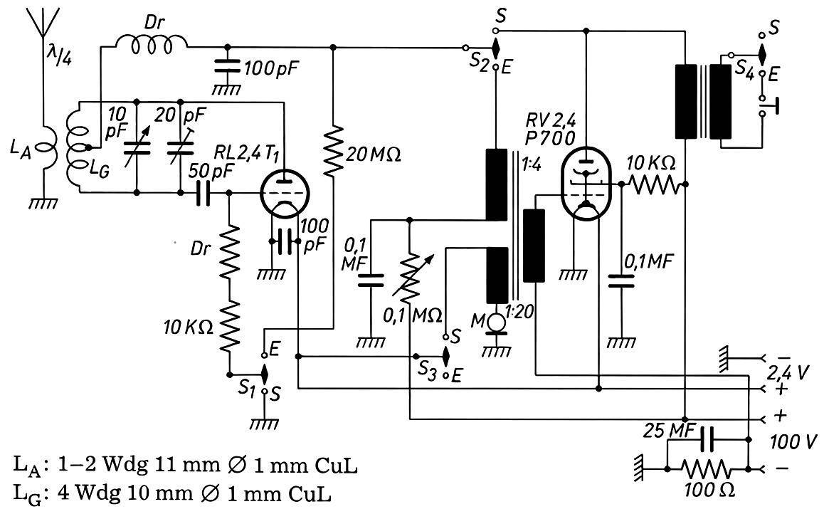 Schaltplan eines minimalistischen Transceivers für das 2m-Band aus der Zeit nach dem 2. Weltkrieg.
