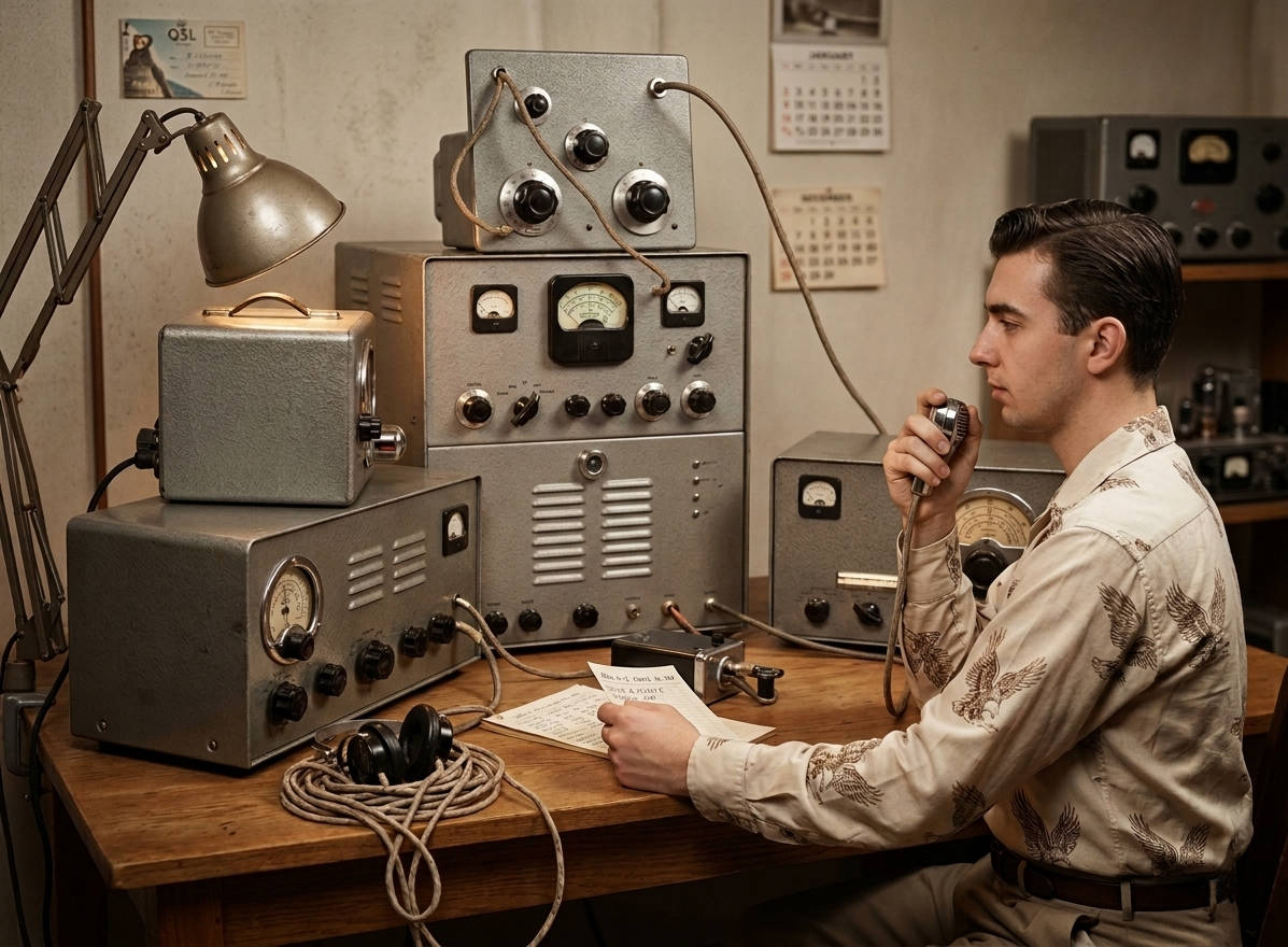 Image of a typical amateur radio station from the 1950s, consisting of several self-built devices such as transmitter, modulator, receiver, antenna coupler, currently being used by a radio amateur in voice communication operation.