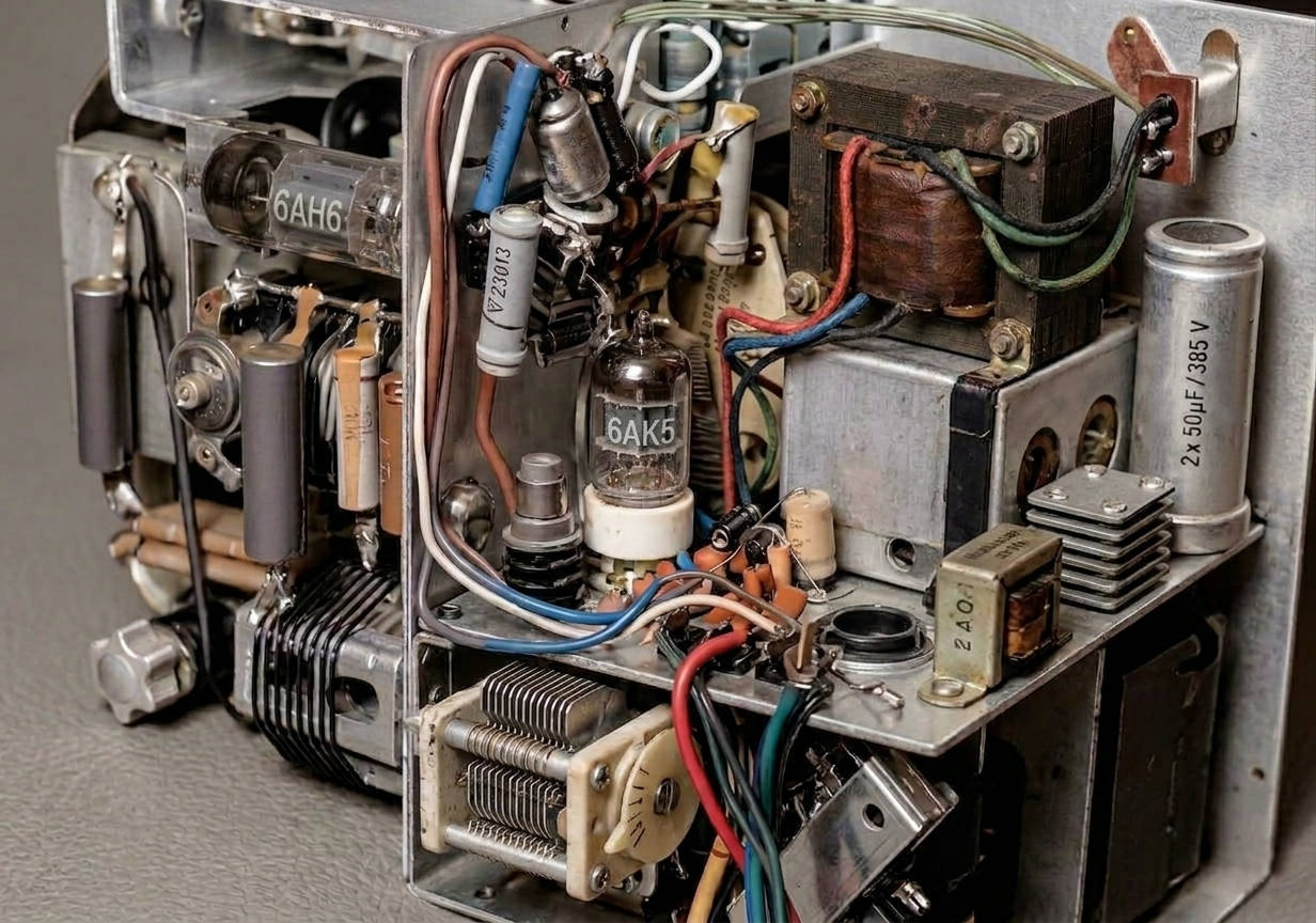 Illustration showing typical components from the inside of a self-built tube transmitter.