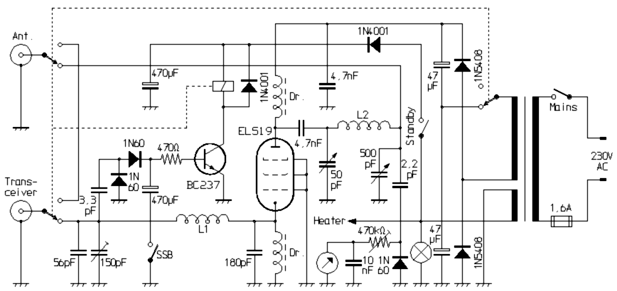 Circuit diagram of a typical 1970s tube power amplifier for increasing the transmit power of CB radios.