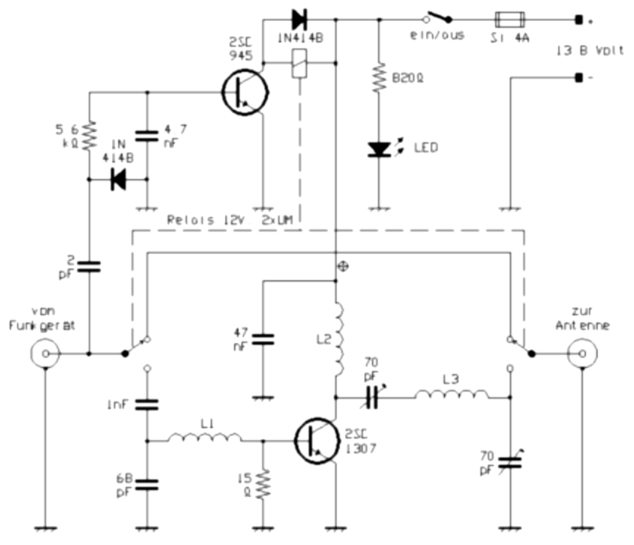 Circuit diagram of a typical transistor power amplifier from the 1970s for increasing the transmit power of CB radios.