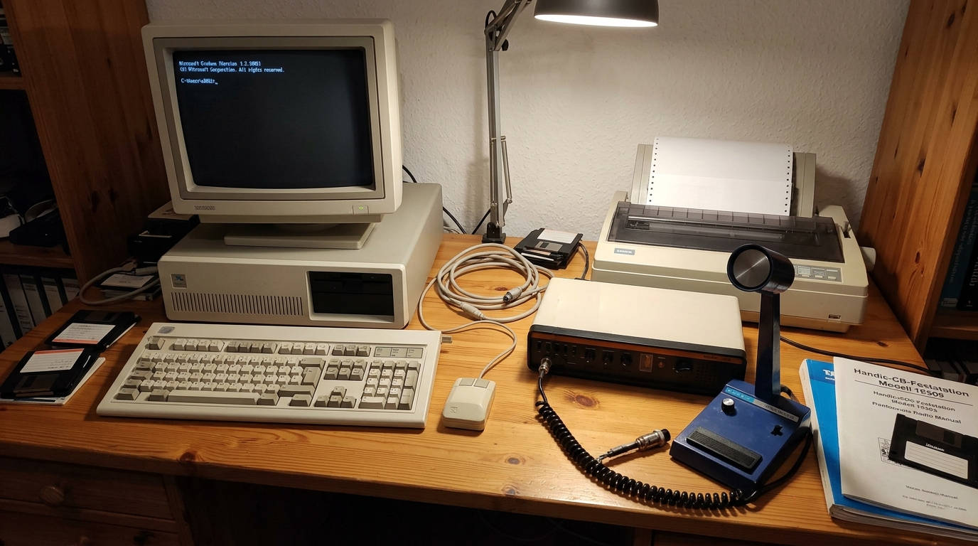 Alter PC mit Röhrenmonitor und Nadeldrucker auf dem Schreibtisch, außerdem ein altes-CB-Feststationsgerät mit Turner-Mike.